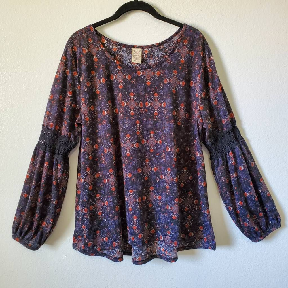 Faded Glory Womens XL Tunic Top Blue Red Floral Crochet Lace Trim LS Lightweight